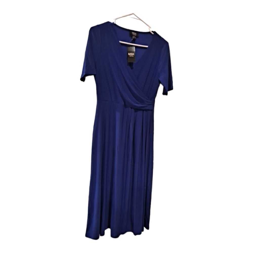 MSK Petites Surplice Midi Dress Blue Petite Small NWT